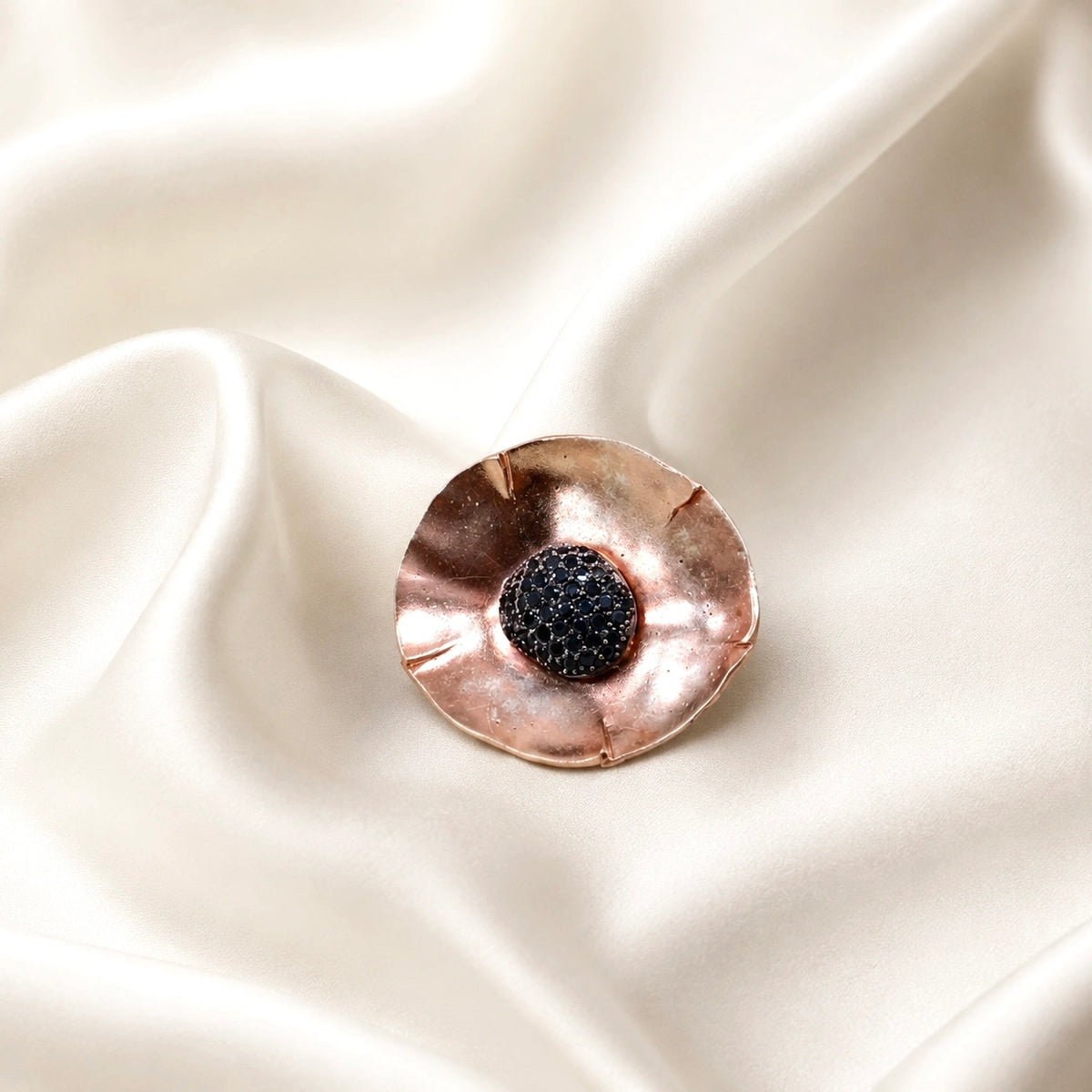 Bronze-Tone Flower Brooch with Black Zircons