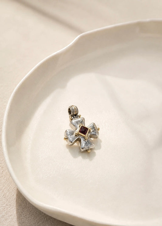 Silver Cross with Gold Details and Garnet