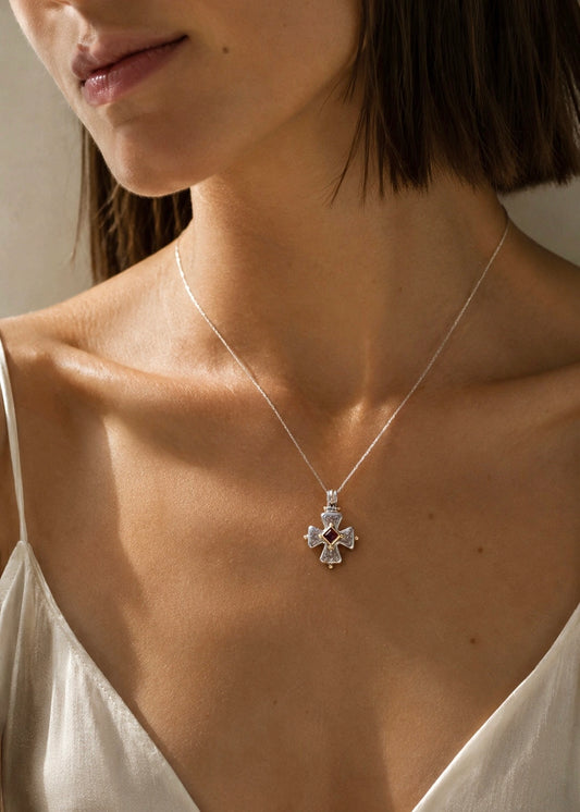 Silver Cross with Gold Details and Garnet