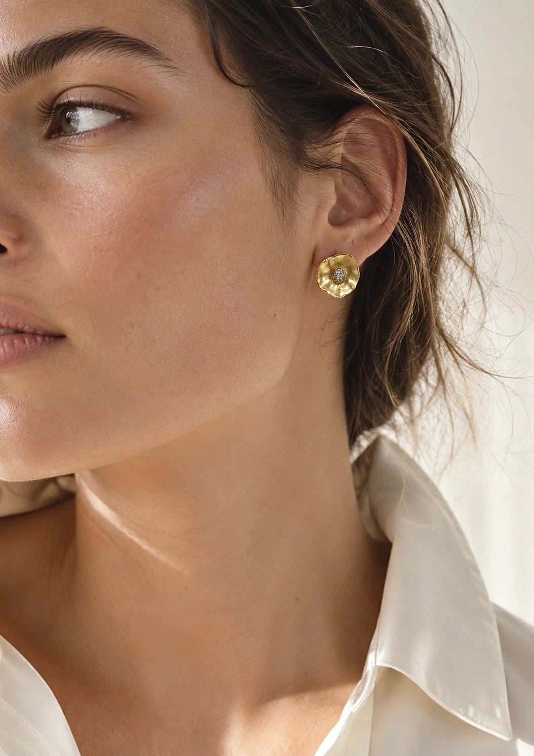 Gold Plated Flower Earrings with White Zircons