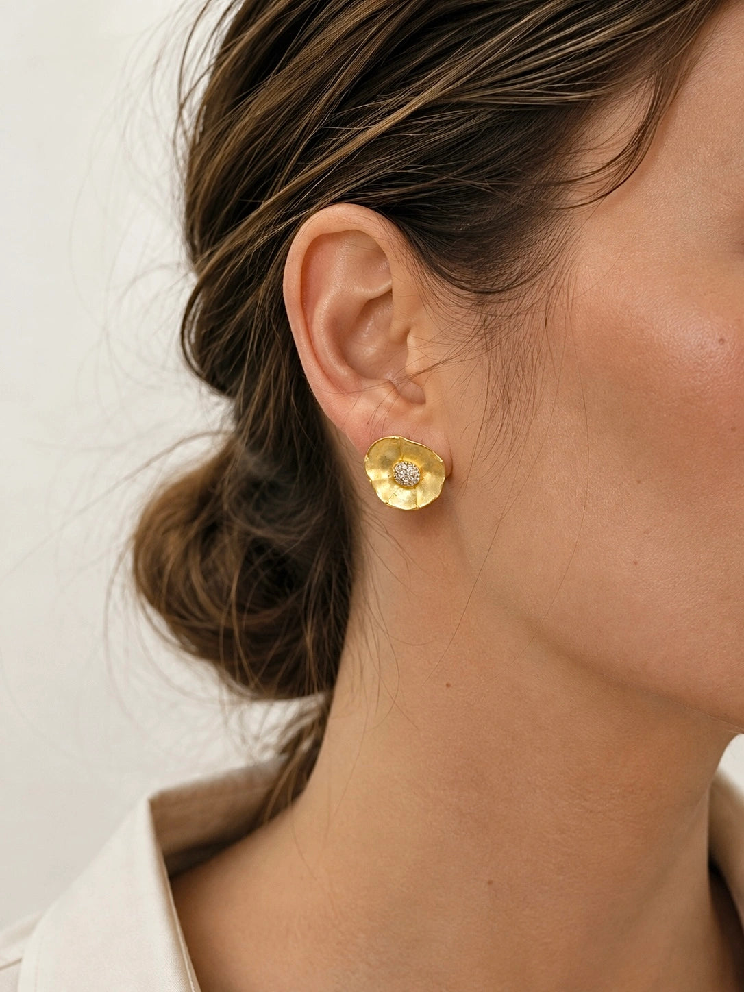 Gold Plated Flower Earrings with White Zircons