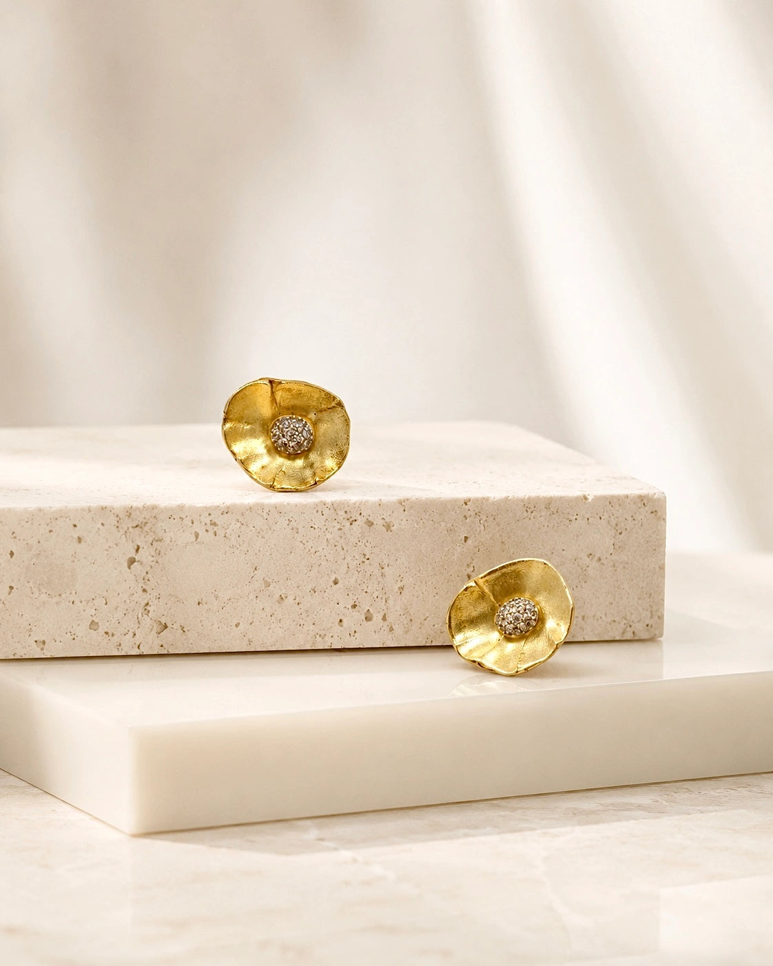 Gold Plated Flower Earrings with White Zircons