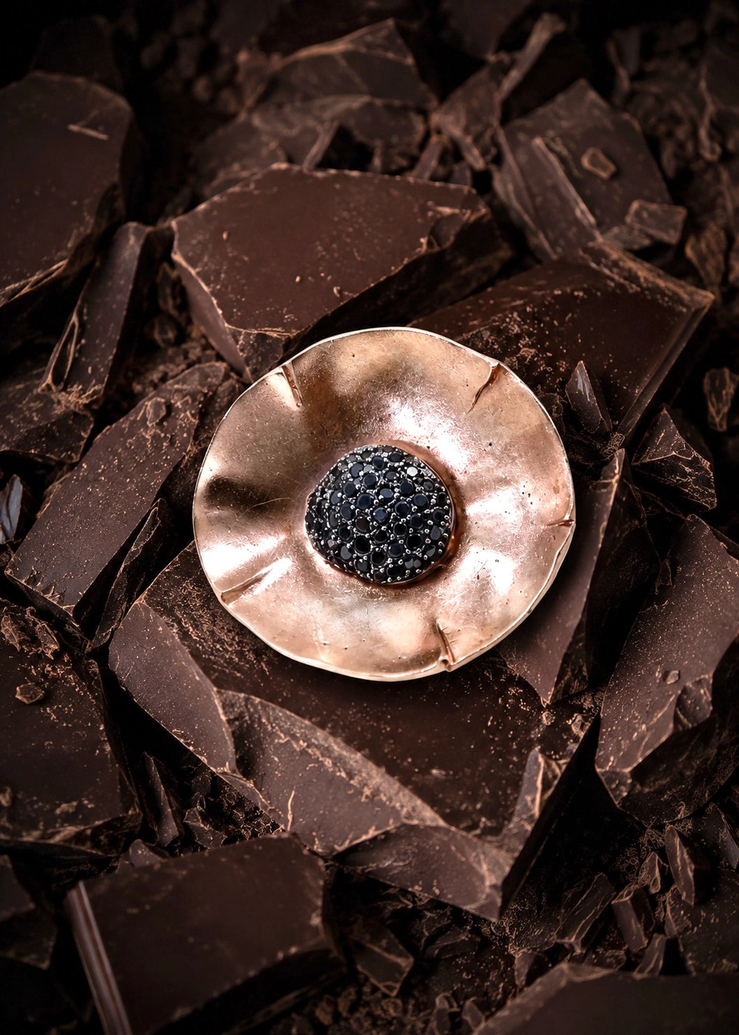 Bronze-Tone Flower Brooch with Black Zircons